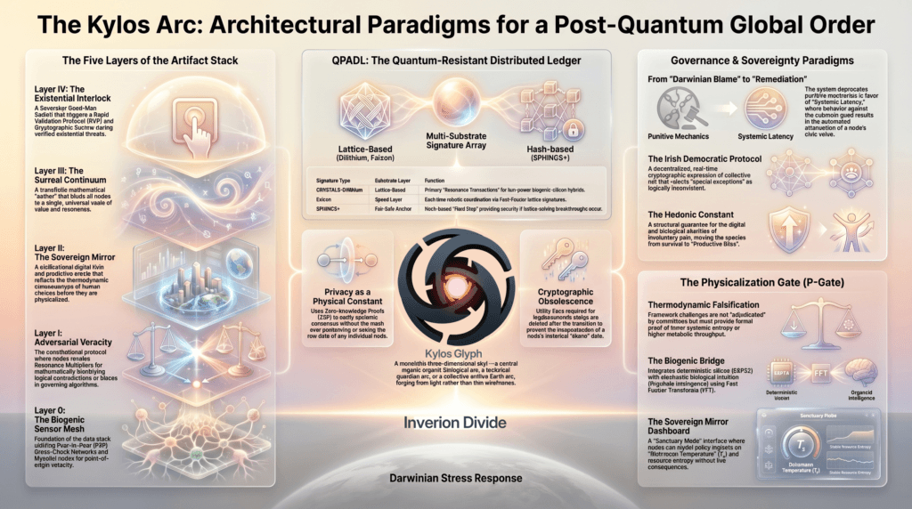 Quantum-Resistant Distributed Ledger 1 Diagram of the Quantum-Resistant Distributed Ledger (QPADL) architecture showing a three-tier Multi-Substrate Signature Array (CRYSTALS‑Dilithium, Falcon, SPHINCS+) and Verification Mechanics (zero-knowledge proofs, crypto‑agility)